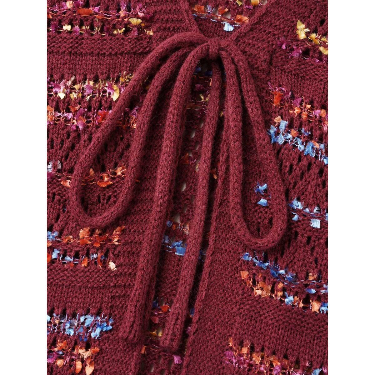 Plus Size Striped Front-Tie Cut-Out Cardigan Deepred Women Casual Loose Long Sleeve Everyday Cardigans BloomChic 28/5X Product Image