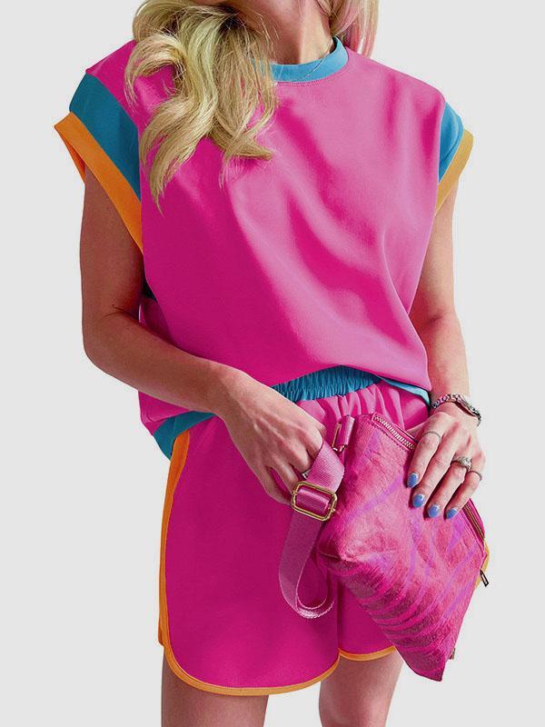 Contrast Color Short Sleeves Round-Neck T-Shirt + Elasticity Shorts Two Pieces Set Product Image