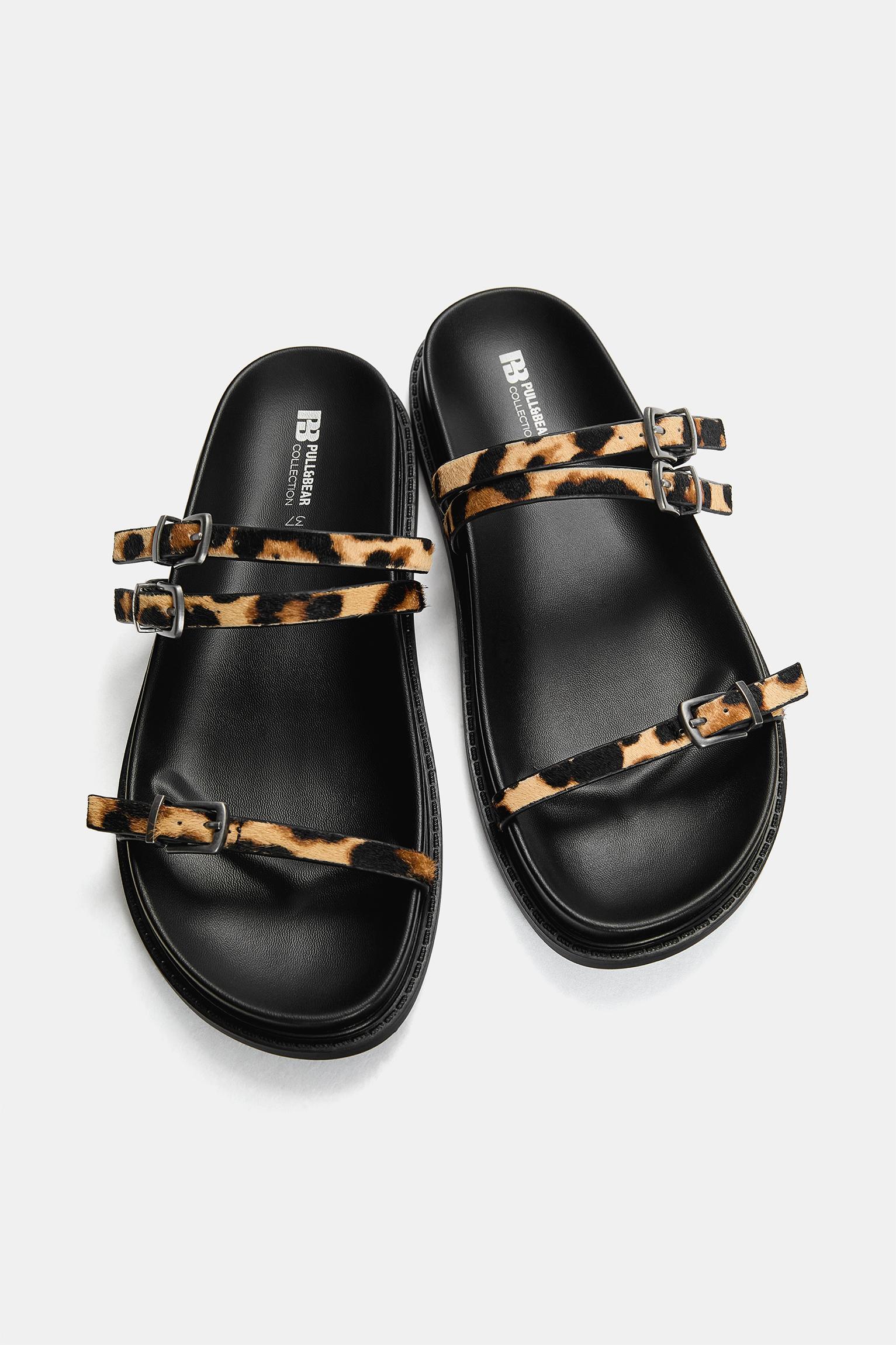 Leopard print leather flat slider sandals Product Image