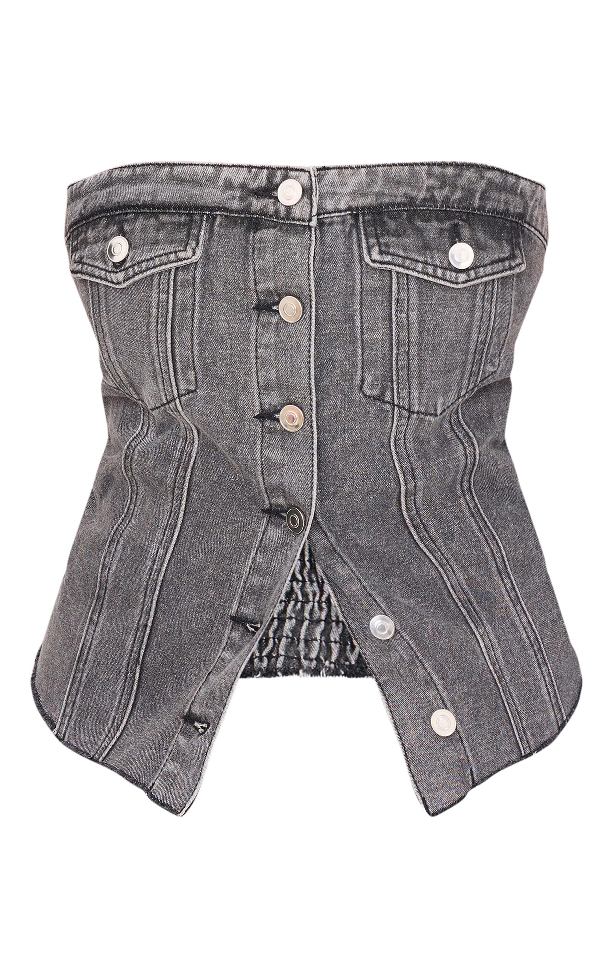 Plus Washed Grey Contrast Seam Detail Pocket Front Corset Bandeau Denim Top Product Image