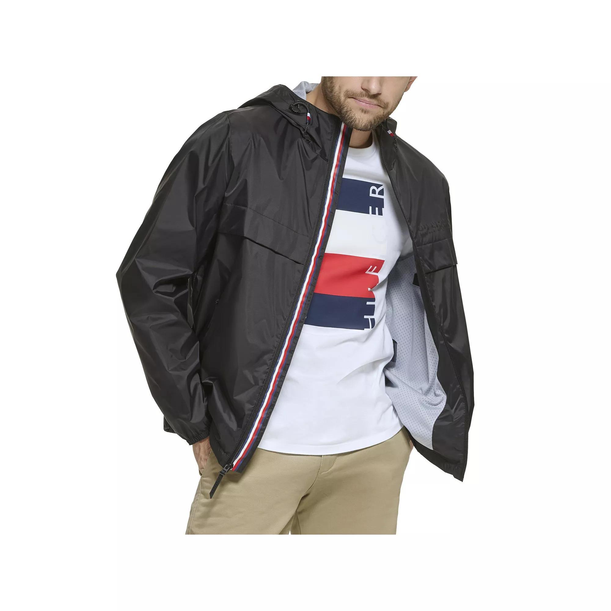 Men's Tommy Hilfiger Logo Patch Hooded Rain Jacket, Size: Medium, Black Red Combo Product Image