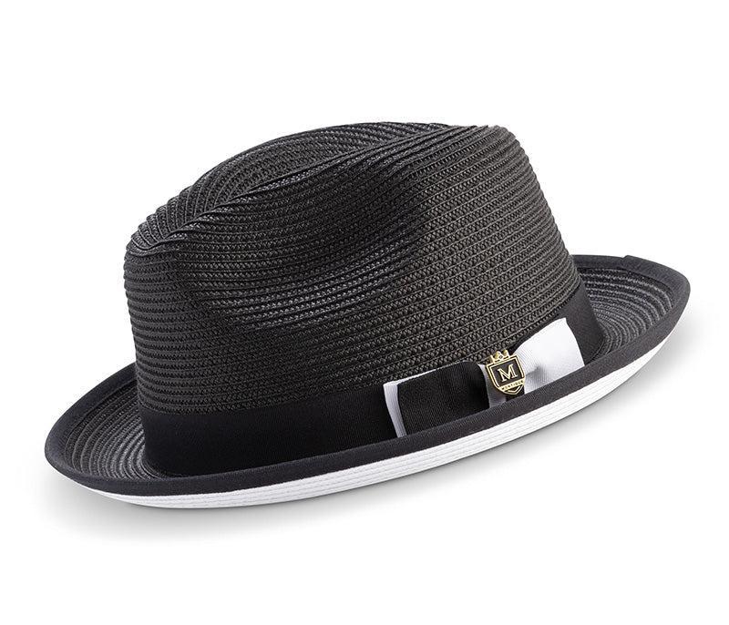 Two Tone Ribbon Stingy Brim Pinch Braided Fedora - Navy with White Bottom Product Image