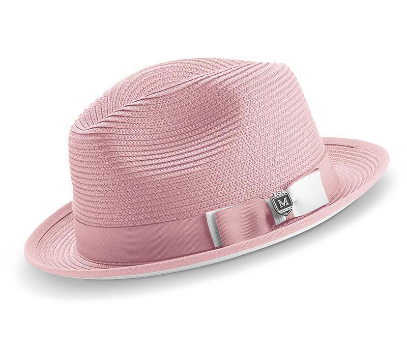 Two Tone Ribbon Stingy Brim Pinch Braided Fedora - Pink with White Bottom Product Image