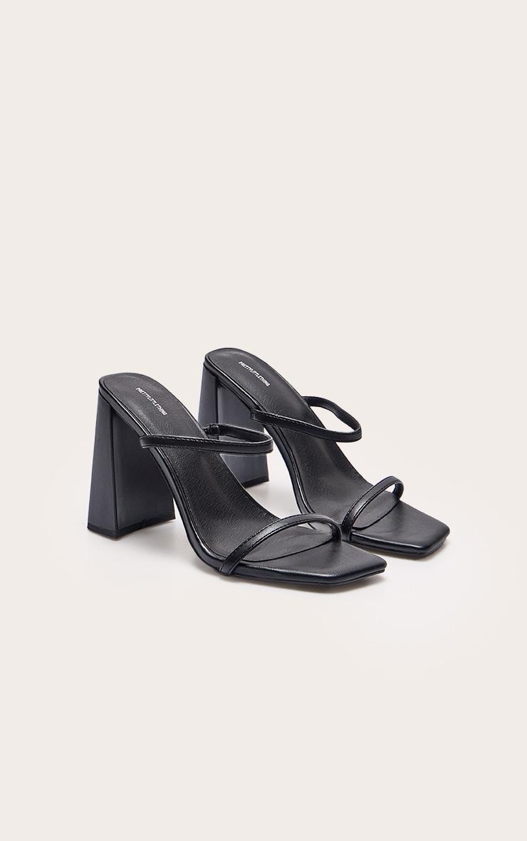 Black Pu Square Toe Double Strap High Block Heel Mules Product Image