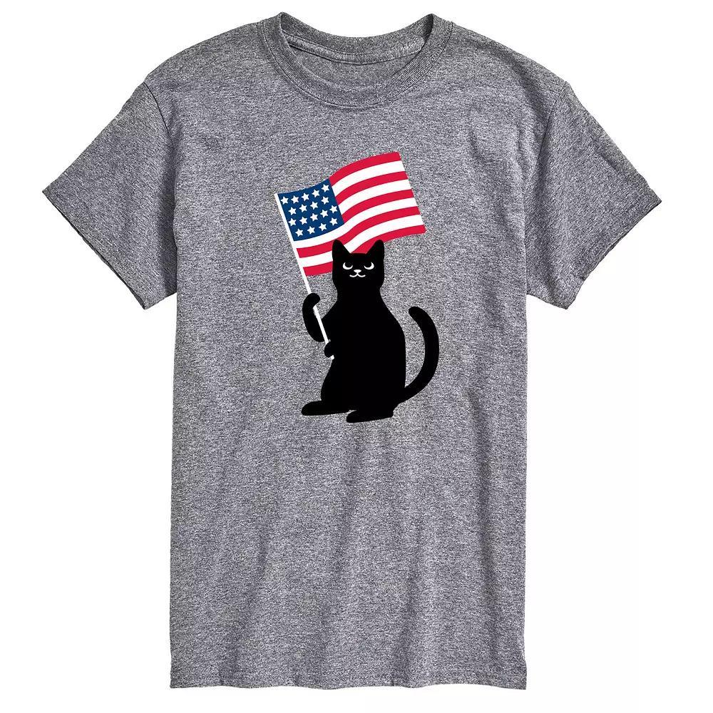 Men's Black Cat With Flag Graphic Tee., Size: XL, Grey Gray Product Image