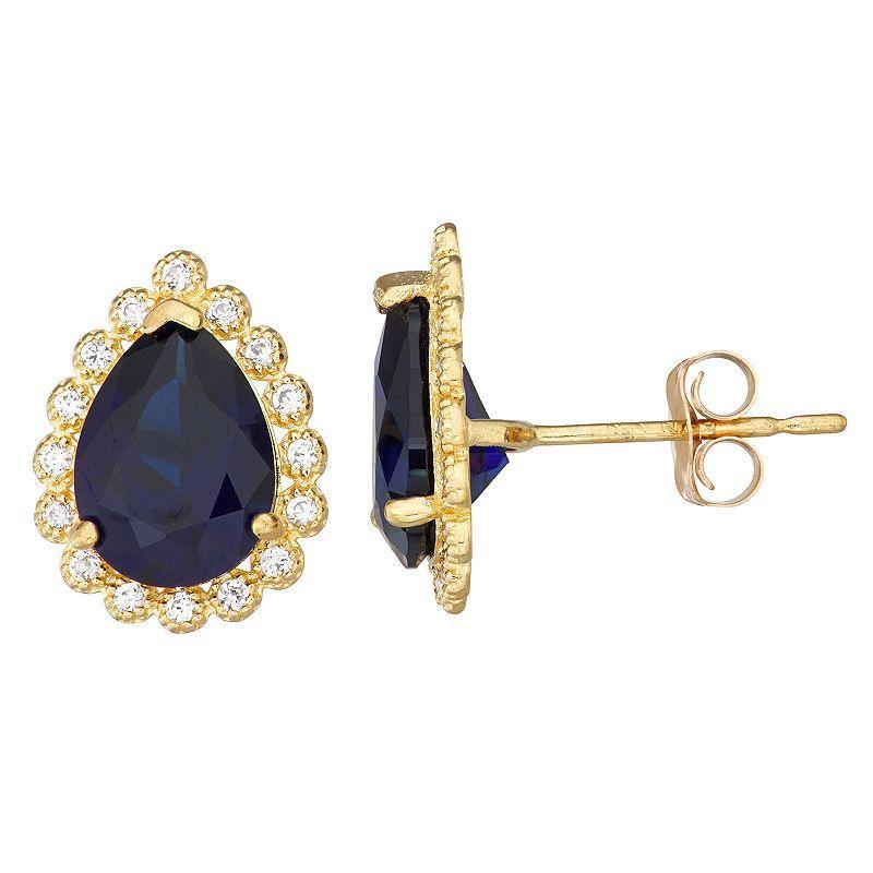 Designs by Gioelli 10k Gold Gemstone Teardrop Halo Stud Earrings, Women's, Created Blue Blue Product Image