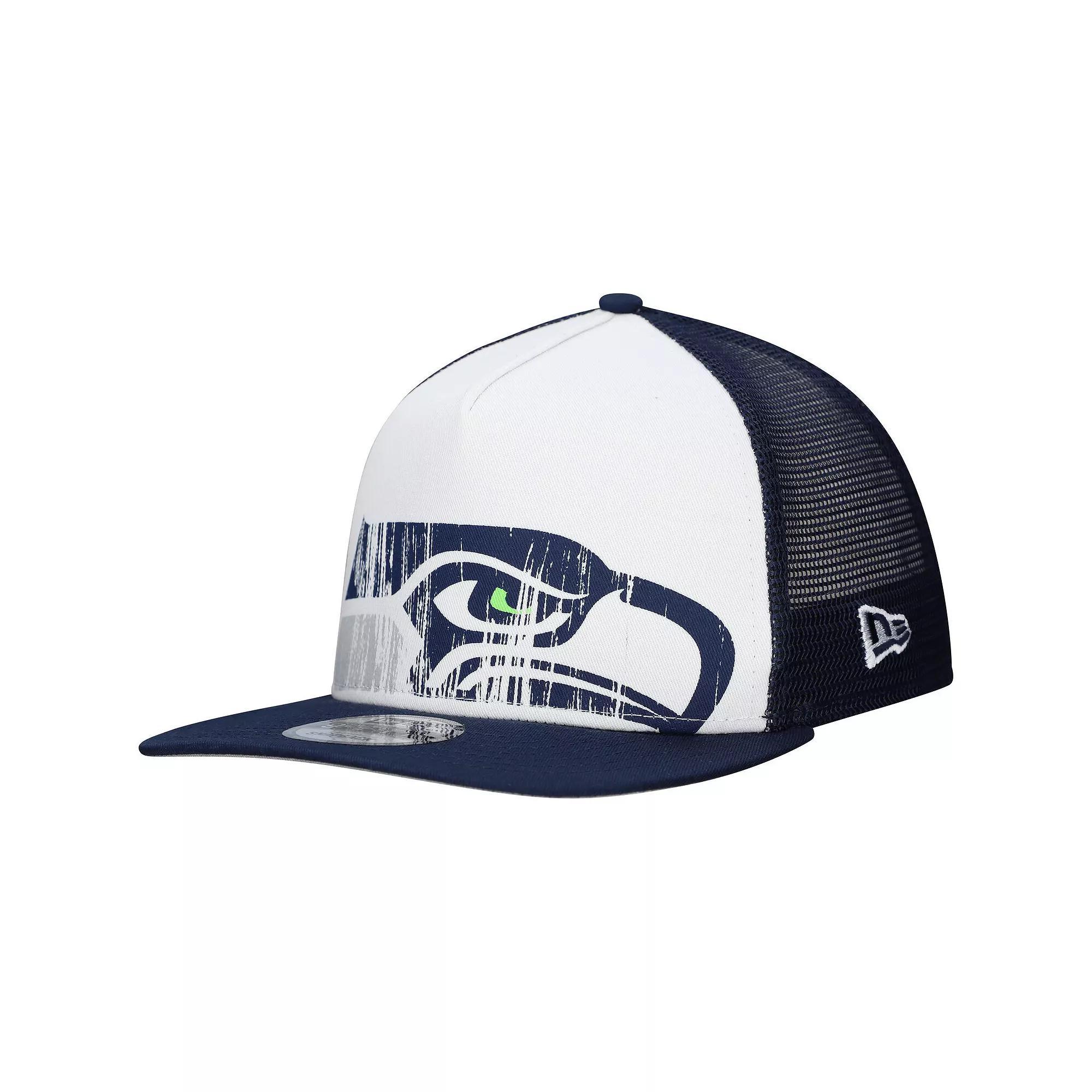 Men's New Era White/College Navy Seattle Seahawks Distressed 9FIFTY A-Frame Snapback Hat Product Image
