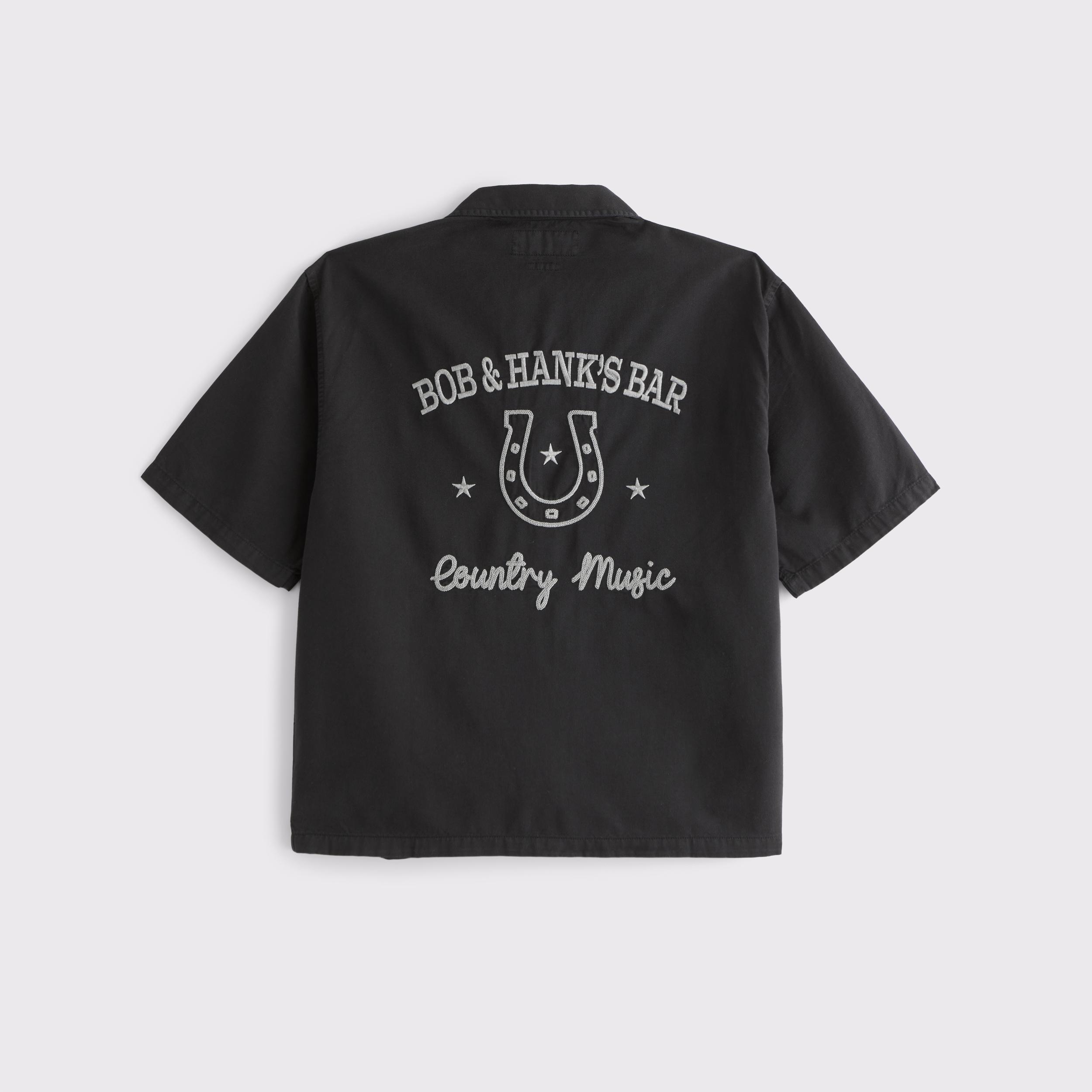 Short-Sleeve Cropped Western Graphic Button-Up Shirt Product Image