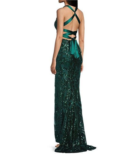 B. Darlin Sequin Pattern V-Neck Wide Strap Lace Up Back Dress Product Image