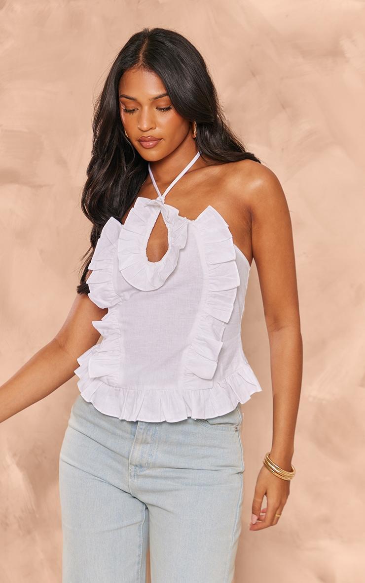 Tall White Faux Linen Ruffle Detail Top Product Image