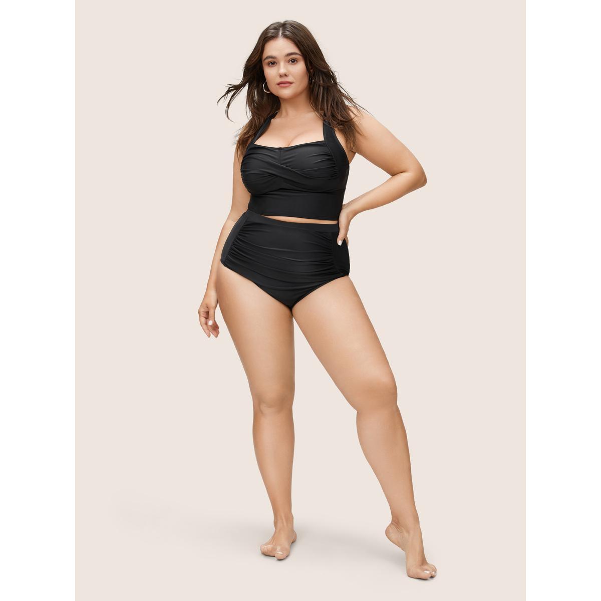 Plus Size Solid Crossover Square Neck Adjustable Straps Swim Top Women's Swimwear Black Resort Twist High stretch Skinny Square Neck Curve Swim Tops BloomChic 28/5X Product Image