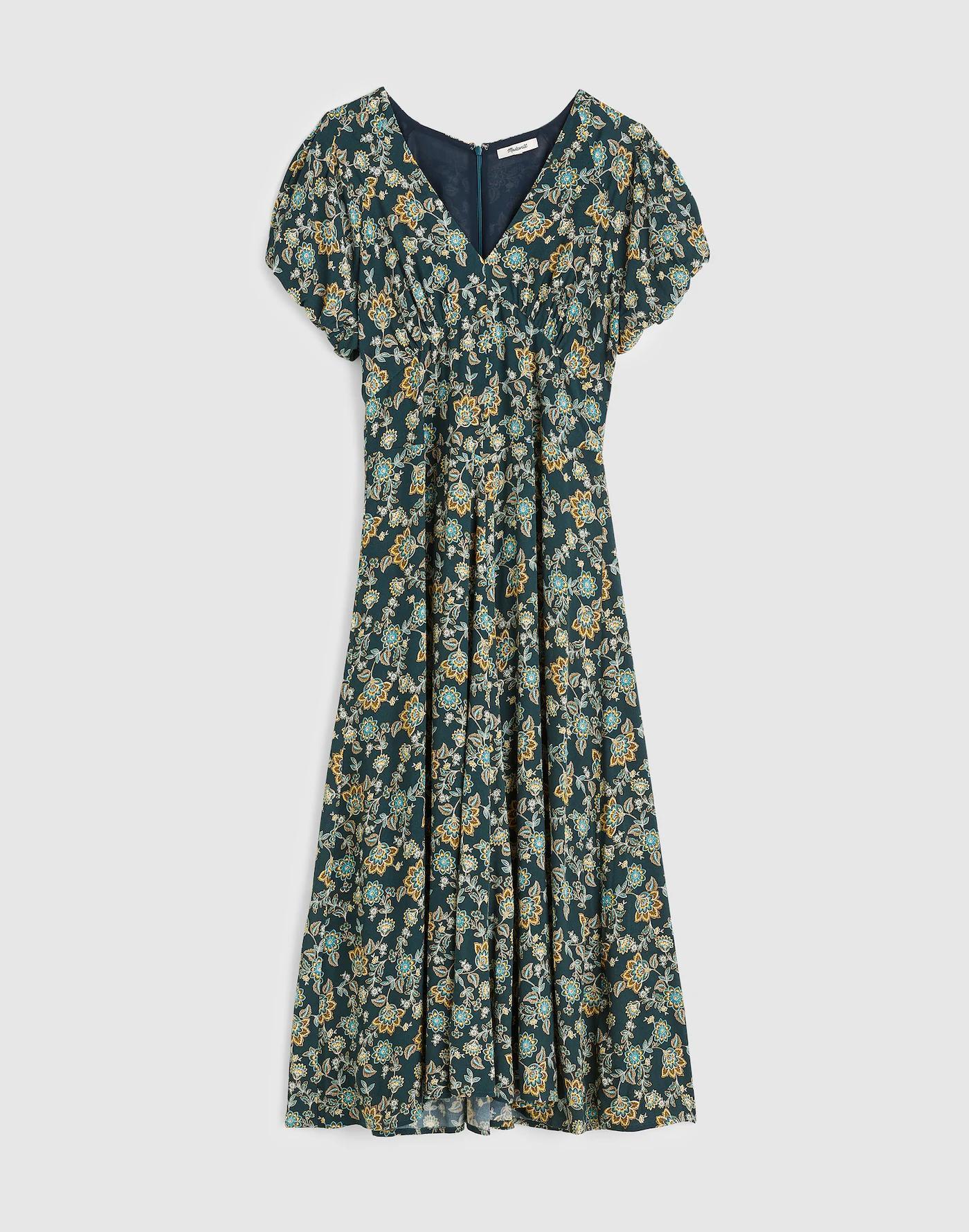 Seamed Puff-Sleeve Midi Dress in Floral Product Image