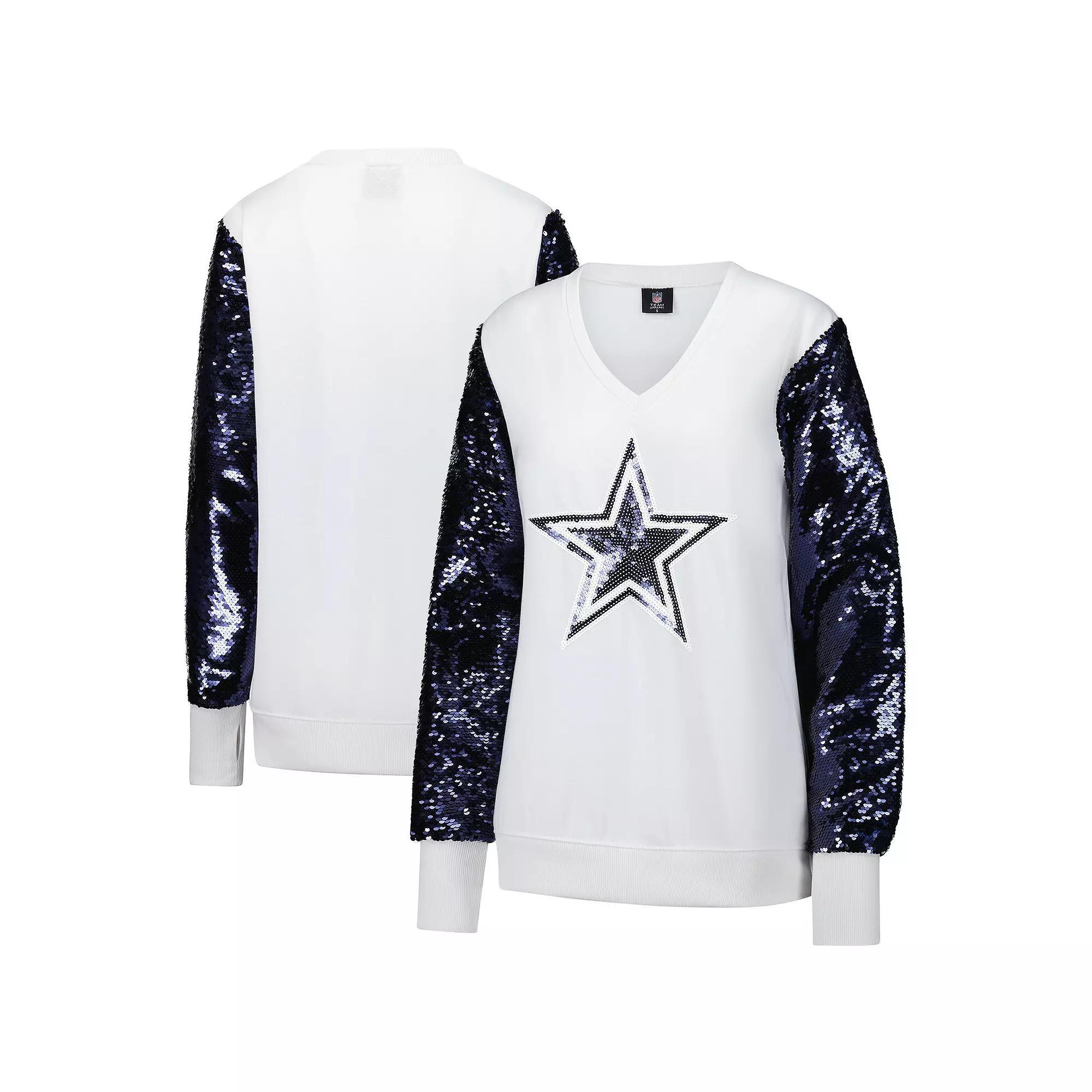 Women's Cuce White Dallas Cowboys Sequin Sleeve V-Neck Pullover Sweatshirt,  Product Image