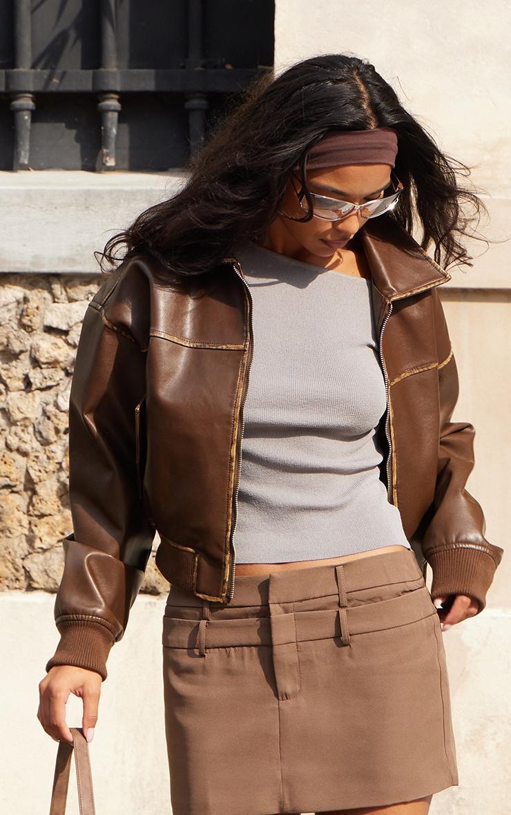 Brown Bleach Detail Faux Leather Cropped Bomber Jacket Product Image