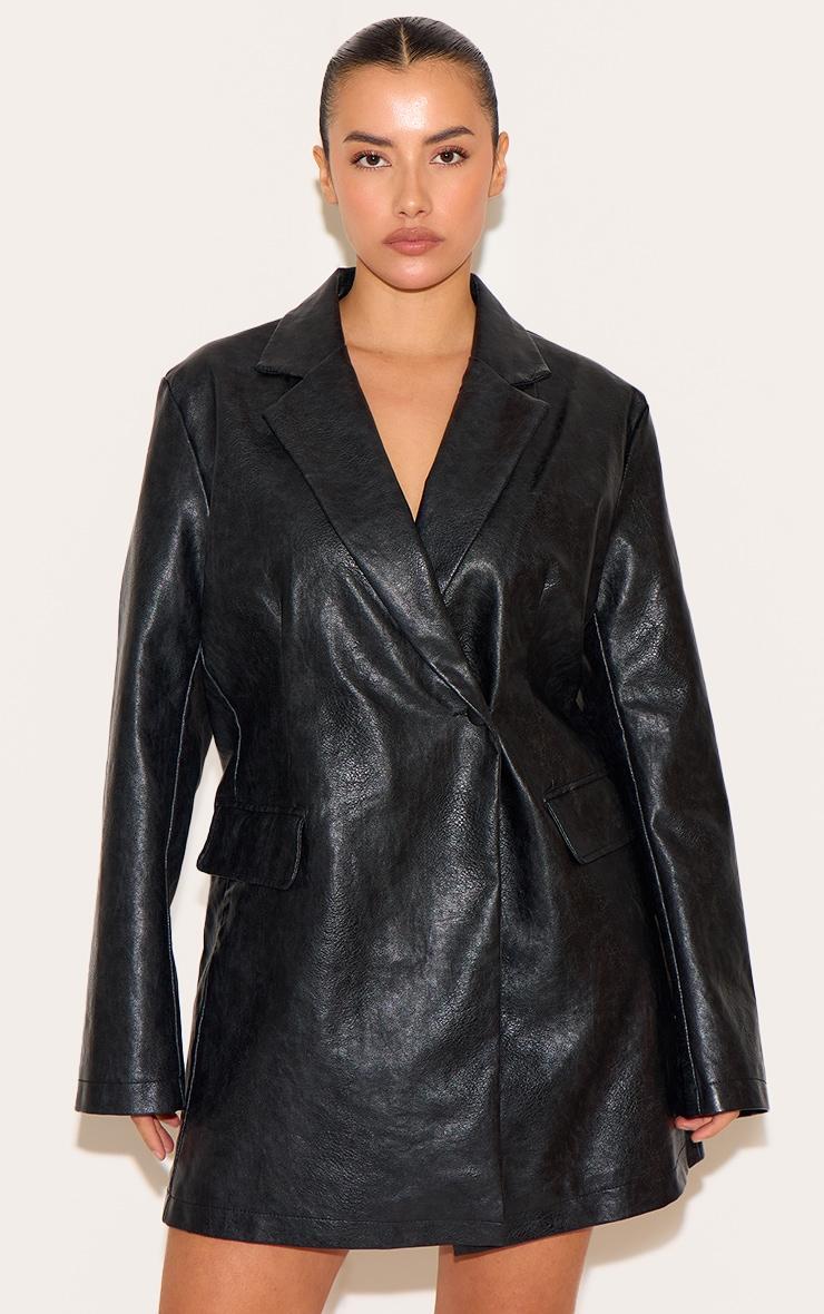 Plus Black Structured Leather Blazer Dress Product Image