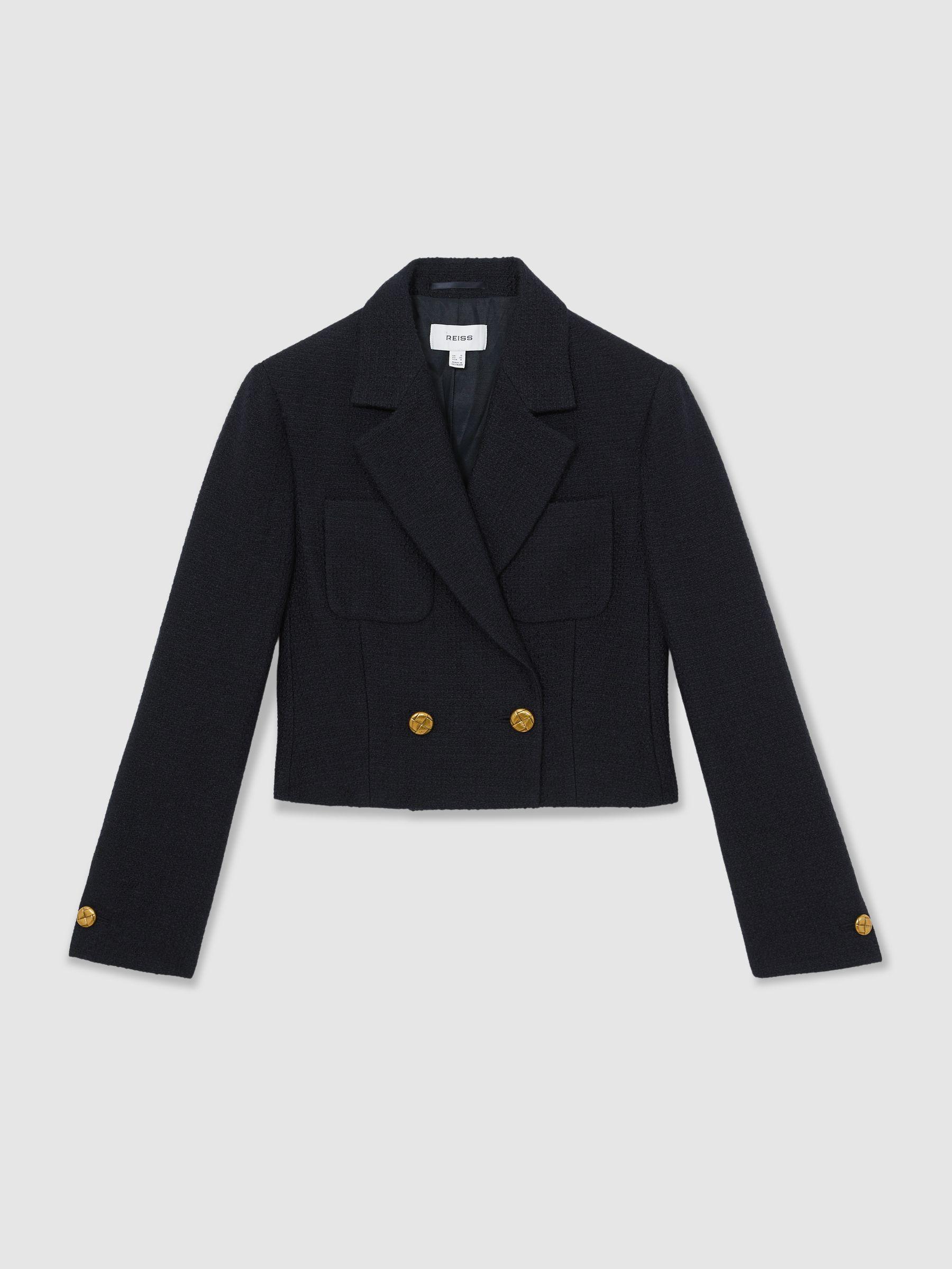 Double-Breasted Textured Cropped Blazer with Wool and Cotton in Navy Product Image