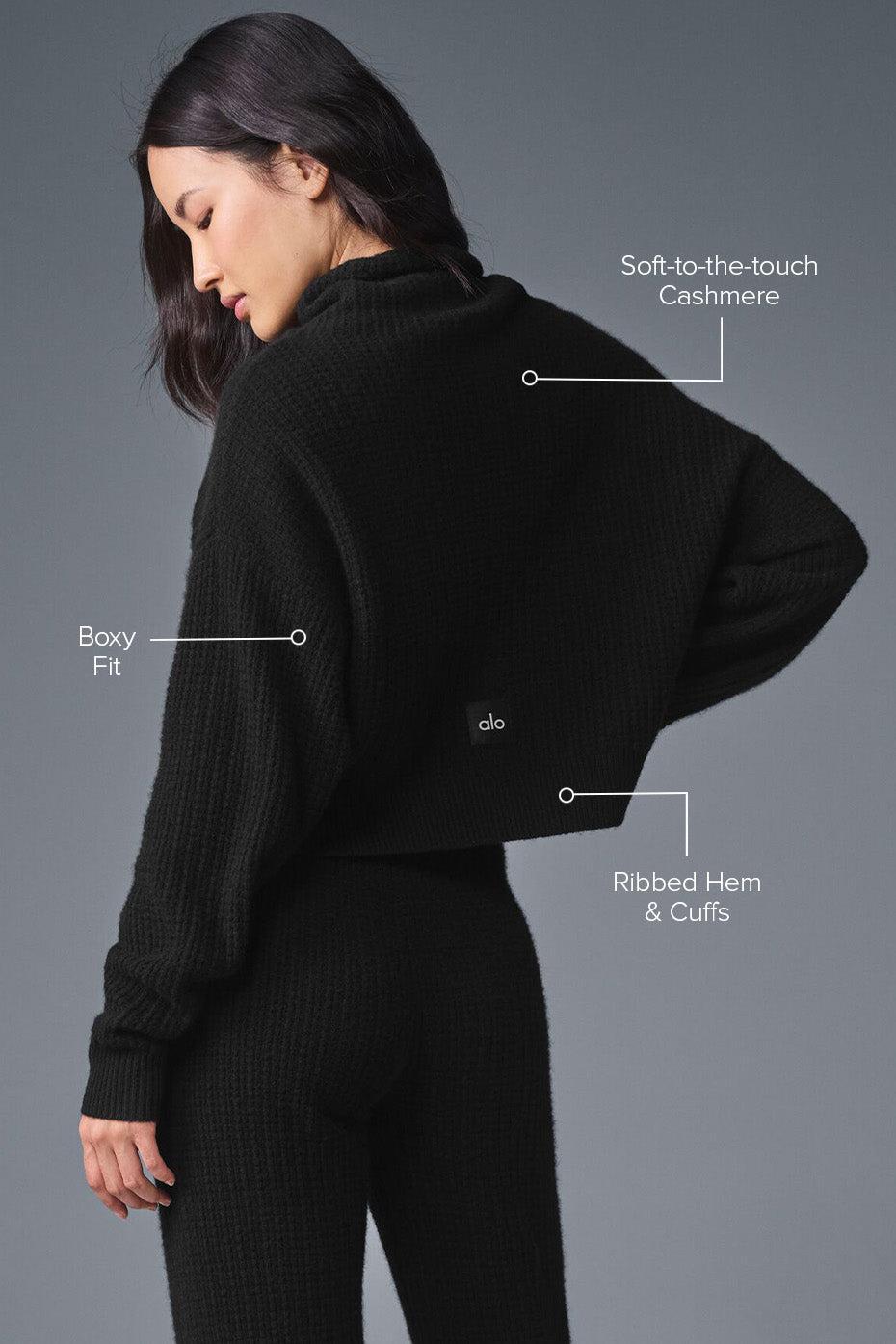 Cashmere Plush Waffle Turtleneck Pullover - Black Female Product Image