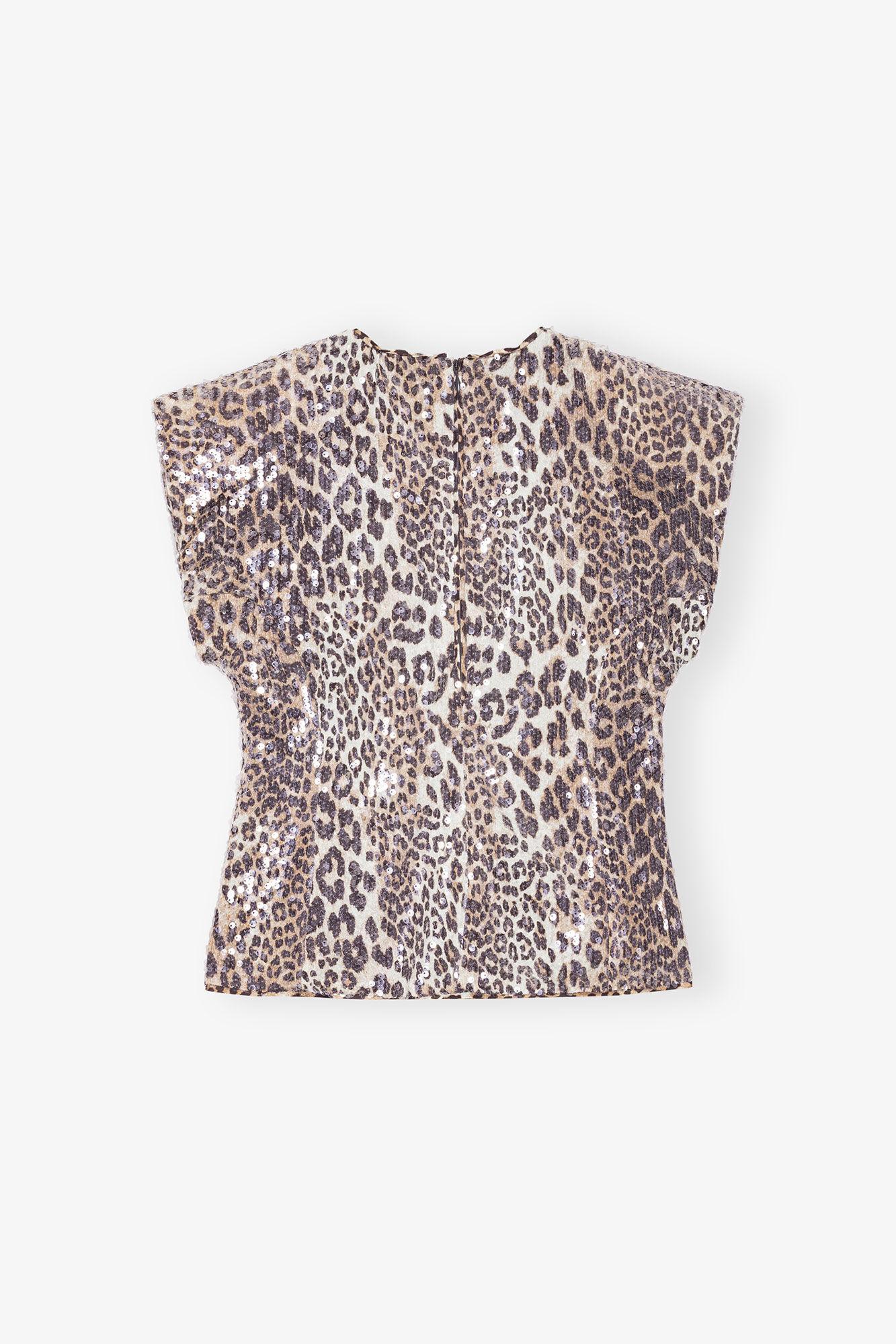 Leopard Printed Stretch Sequins Blouse Product Image