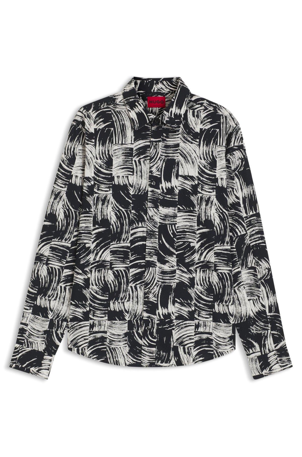 HUGO - Slim-fit shirt in abstract-printed cotton poplin - White Product Image