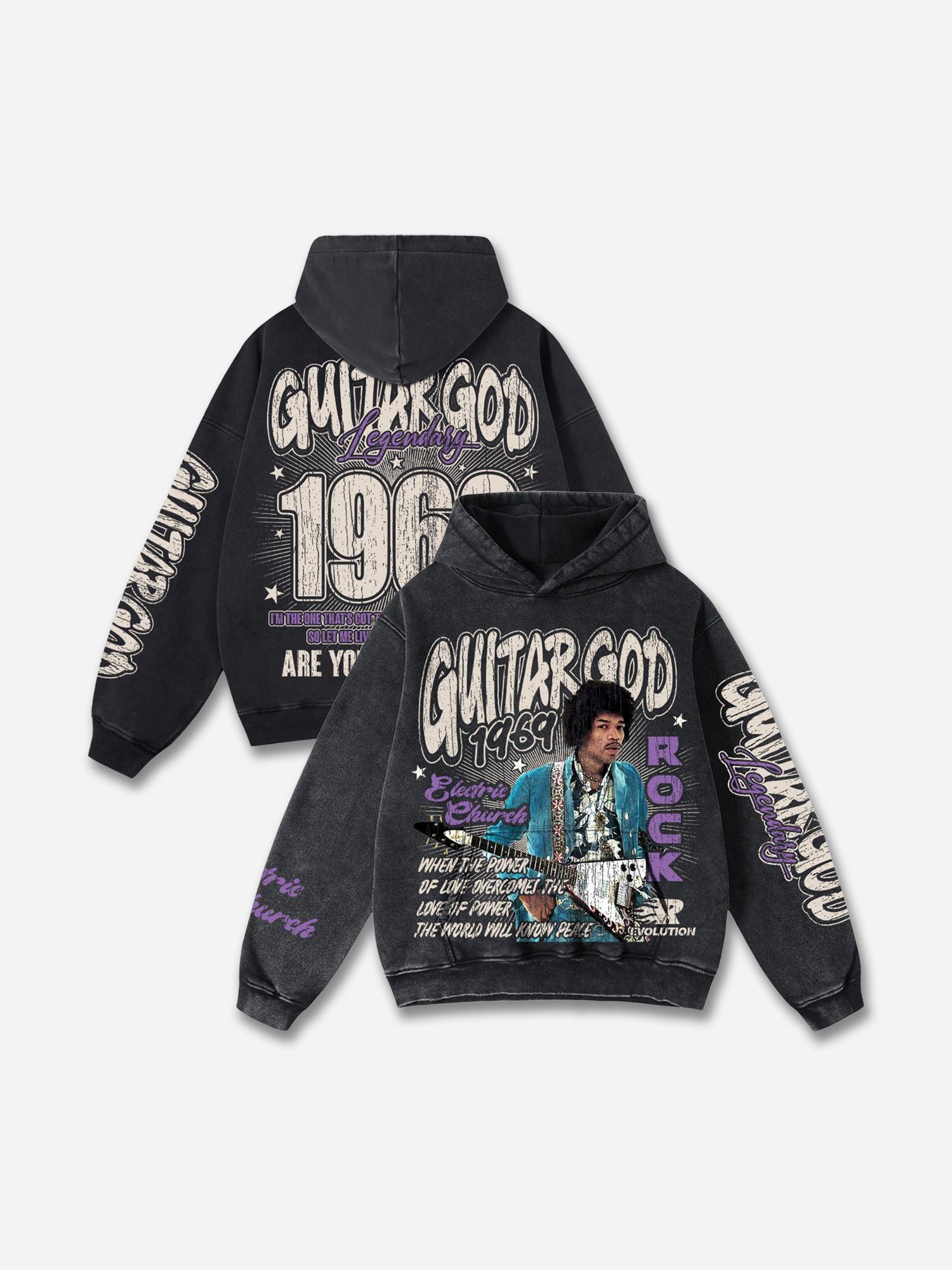 Jimi Hendrix Art 1969 Guitar God Graphic Acid Wash Hoodie Product Image