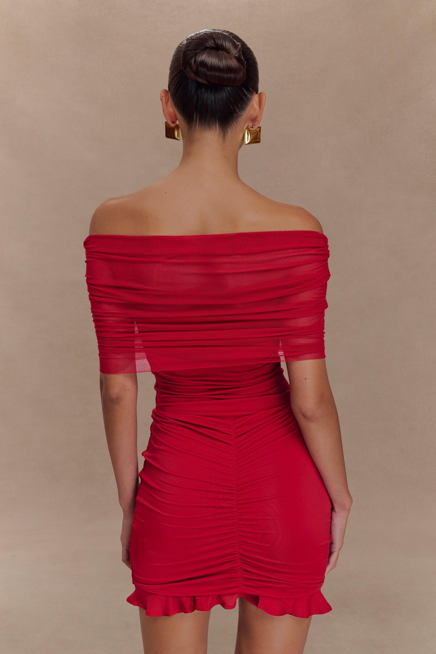 Caspian Slinky And Mesh Off Shoulder Mini Dress - Ruby Product Image
