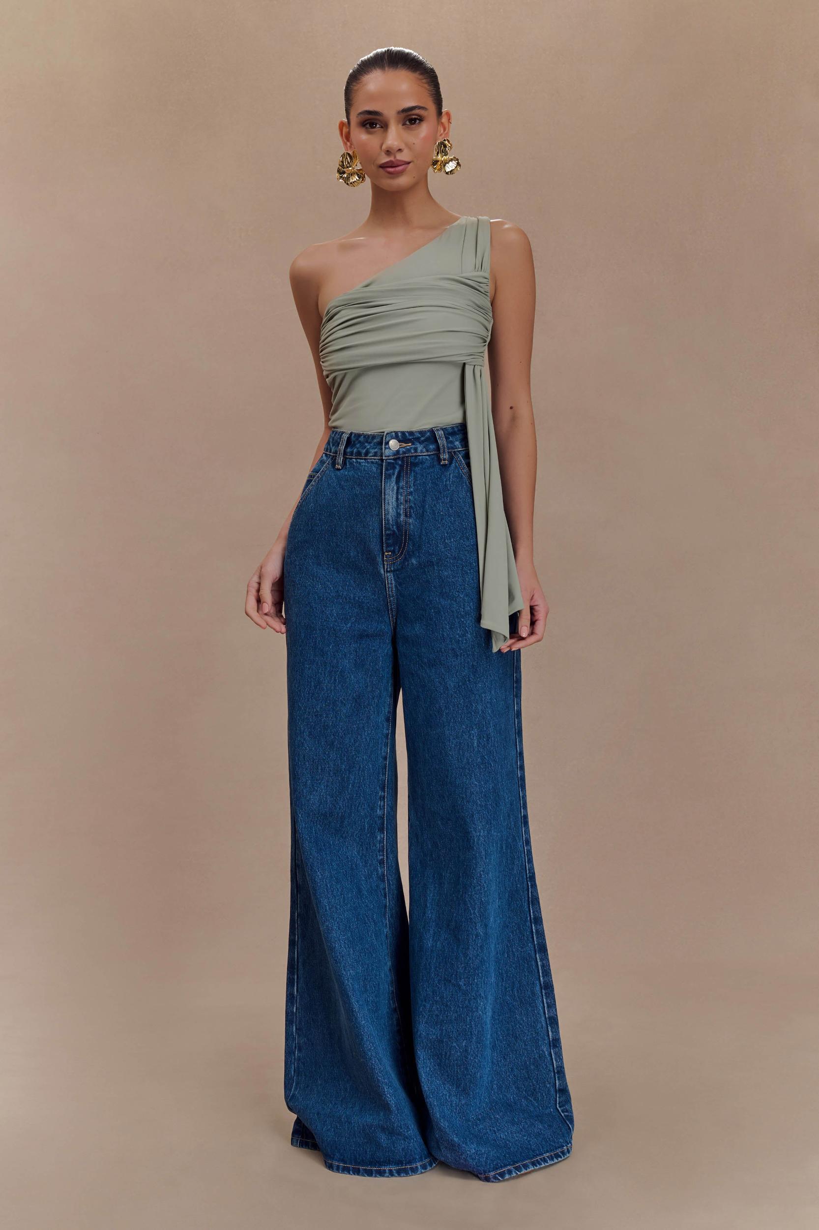 Sera One Shoulder Recycled Nylon Top With Drape - Basil Product Image