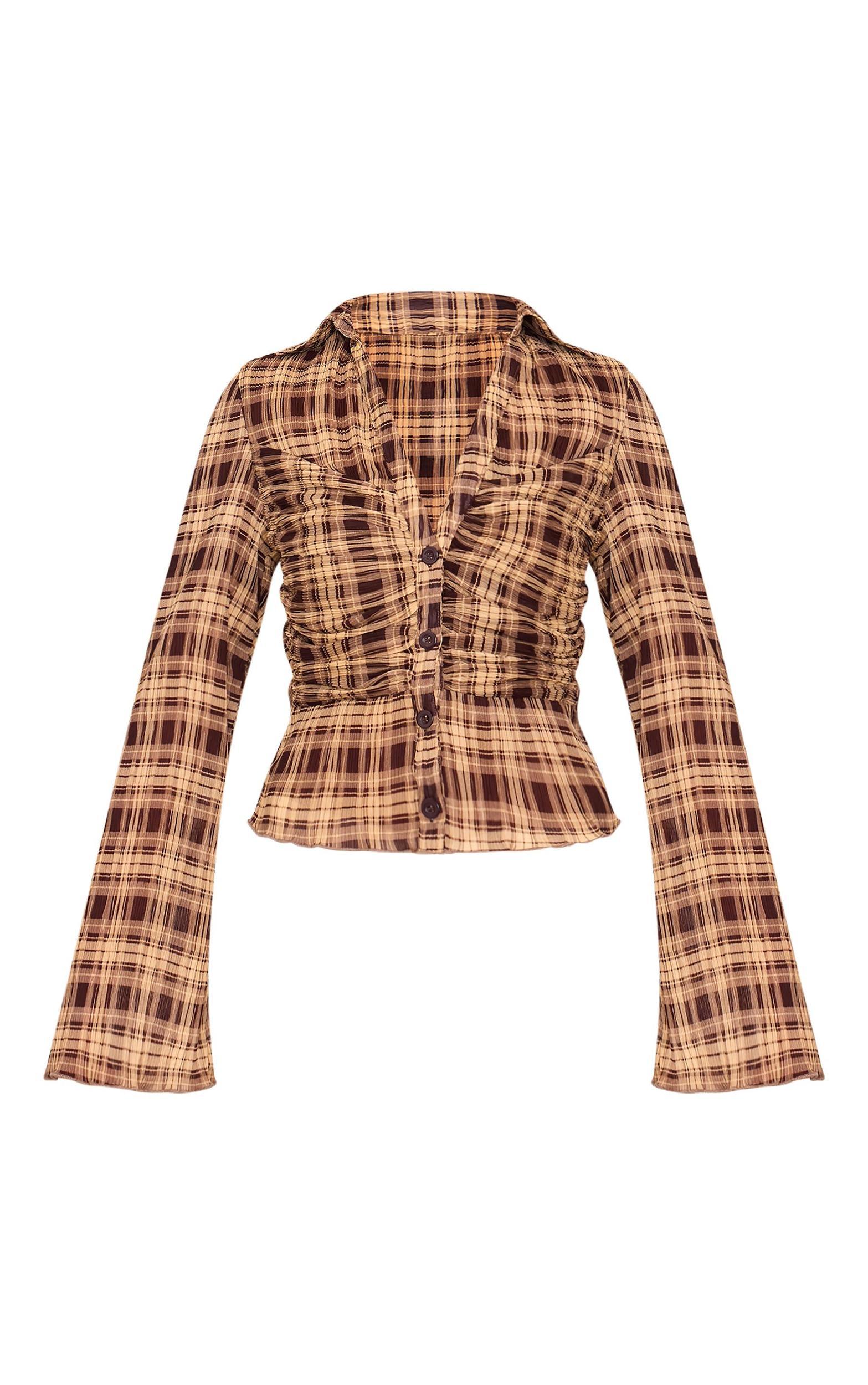 Brown Plisse Chiffon Check Blouse Product Image