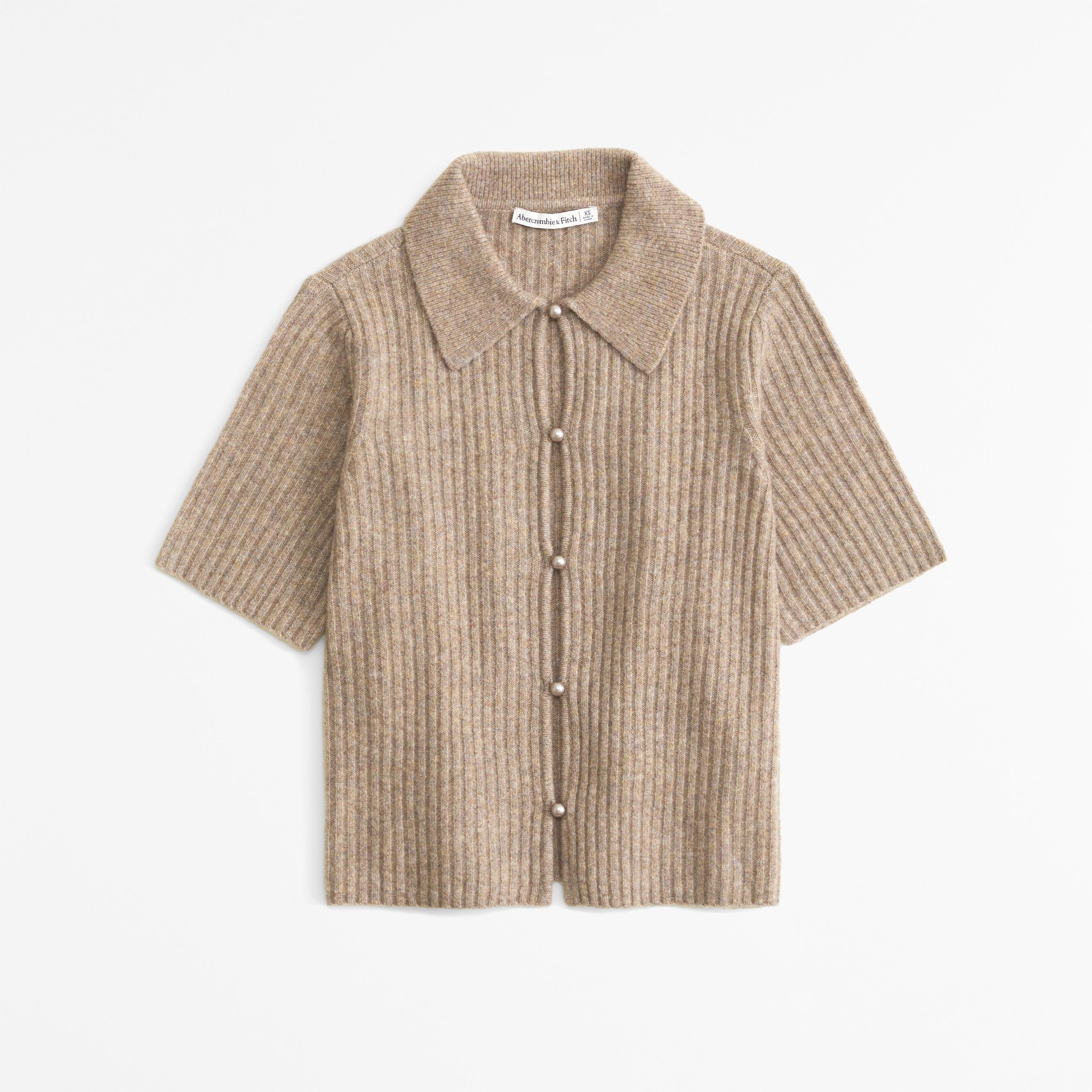 Short-Sleeve Pearl Button Collared Cardigan Product Image