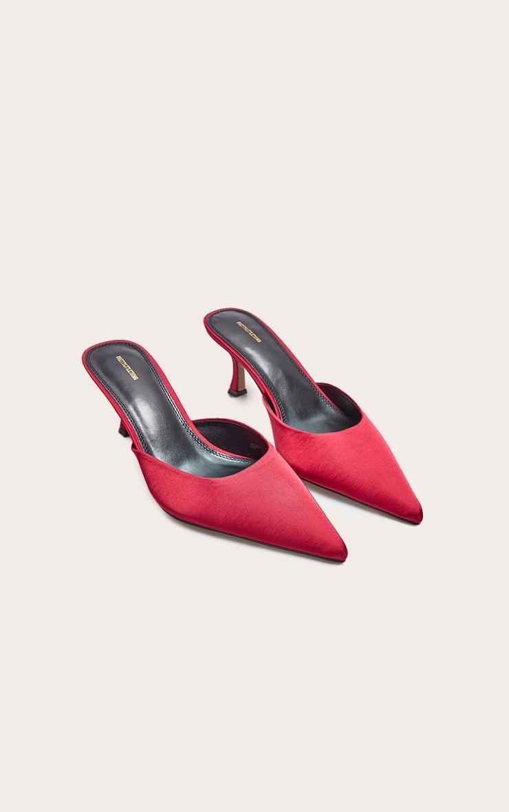 Red Satin Point Toe Mid Stiletto Heeled Mules Product Image