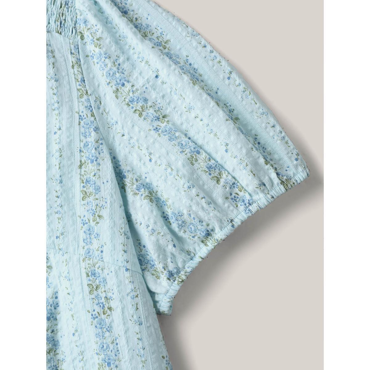 Plus Size LightBlue Cotton Floral Print Notched Collar Blouse Women Timeless Short sleeve Flat collar Elegant Blouses BloomChic 22-24/3X Product Image