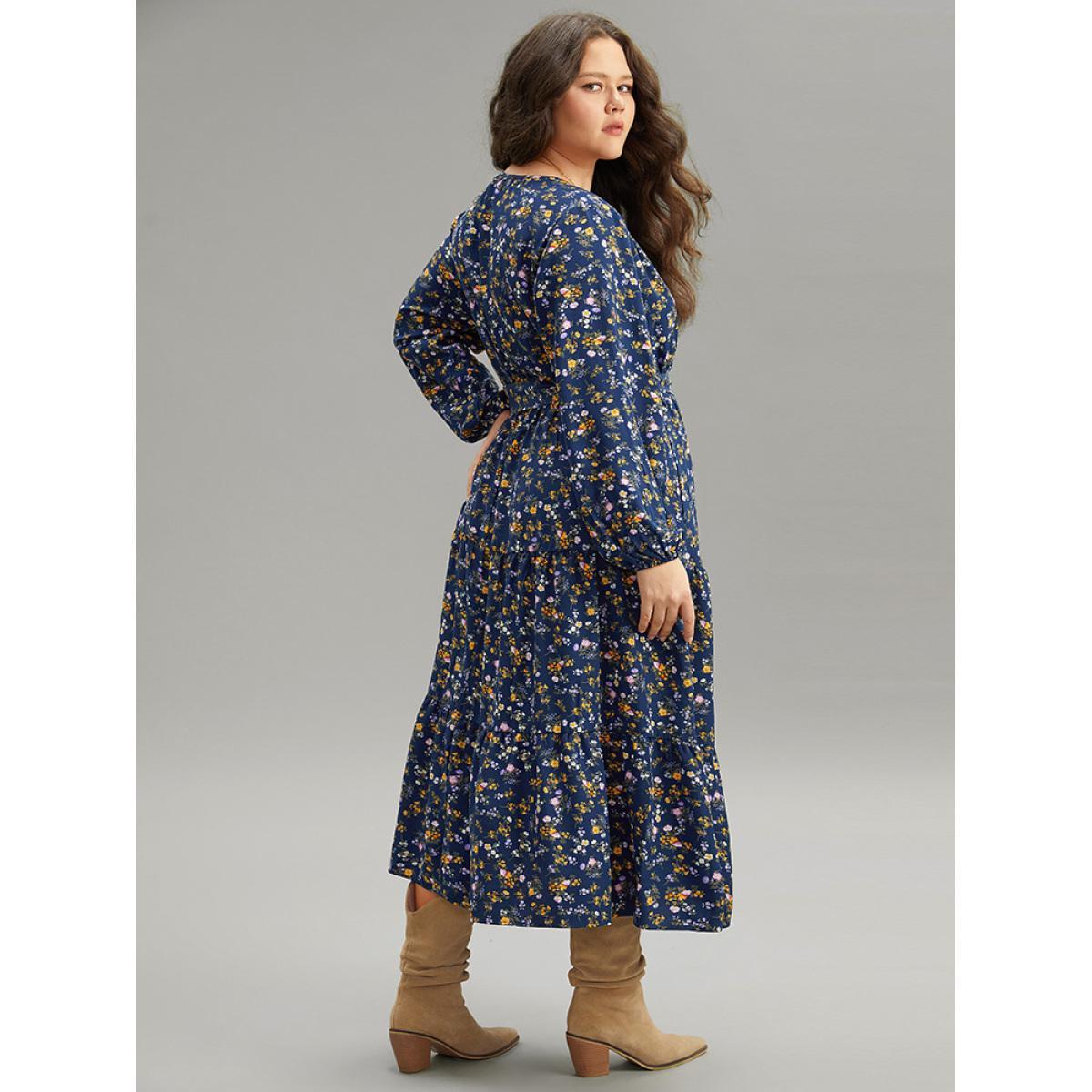 Plus Size Ditsy Floral Elastic Cuffs Surplice Neck Dress DarkBlue Women Elegant Elastic cuffs Overlap Collar Long Sleeve Curvy Midi Dress BloomChic 10/M Product Image