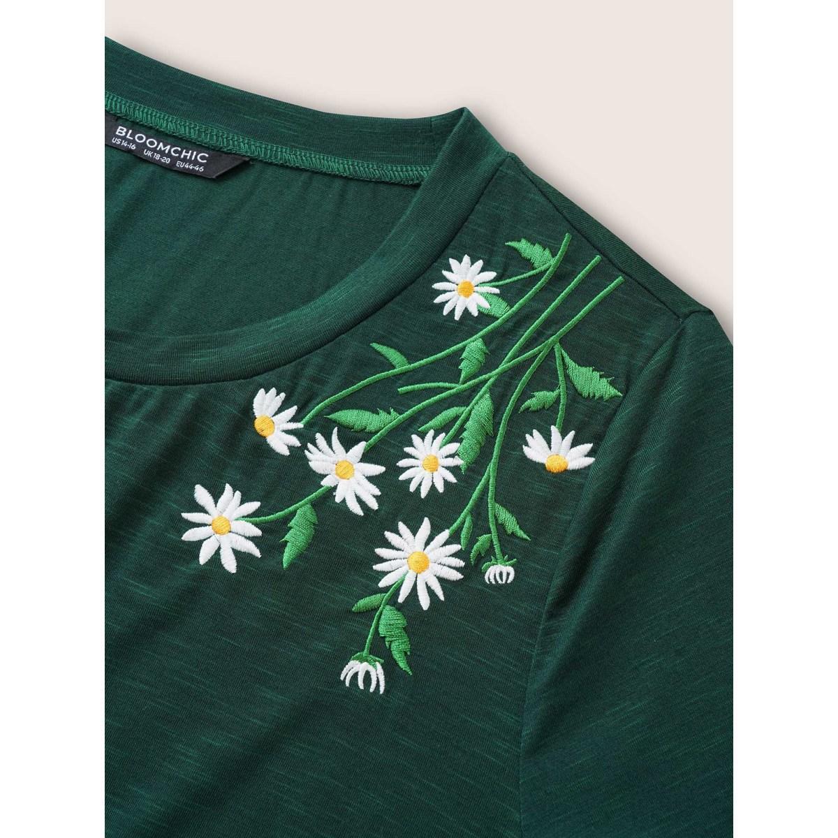 Plus Size Floral Embroidered Roll Sleeve T-shirt DarkGreen Women Elegant Roll Hem Plants Round Neck Everyday T-shirts BloomChic 30/6X Product Image