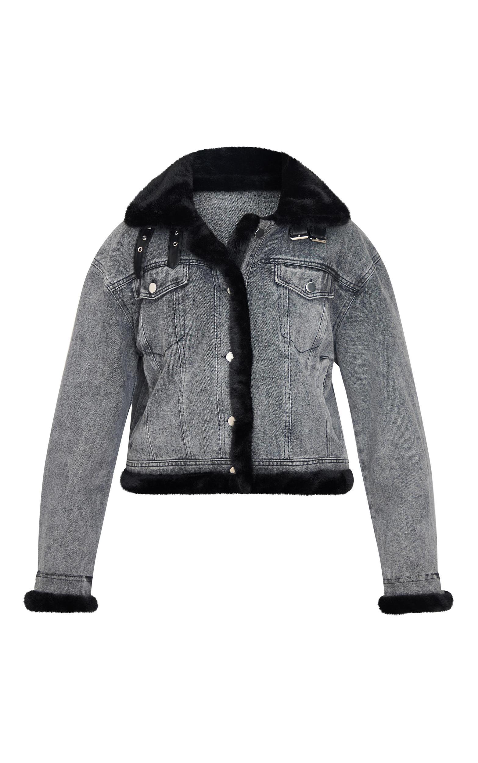 Grey Soft Faux Fur Aviator Style Denim Jacket Product Image