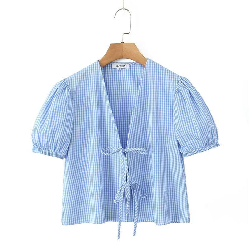 Set: Short Sleeve V-Neck Plaid Tie Front Top + Elastic Waist Shorts Product Image