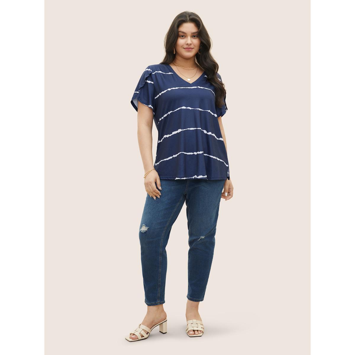 Plus Size Striped Contrast Petal Sleeve T-shirt DarkBlue Women Elegant Striped Everyday T-shirts BloomChic 18-20/2X Product Image