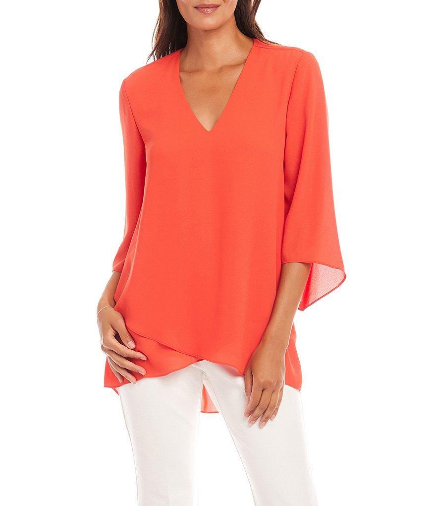 Karen Kane V-Neck 3/4 Sleeve Crossover Hem Silky Crepe Top Product Image