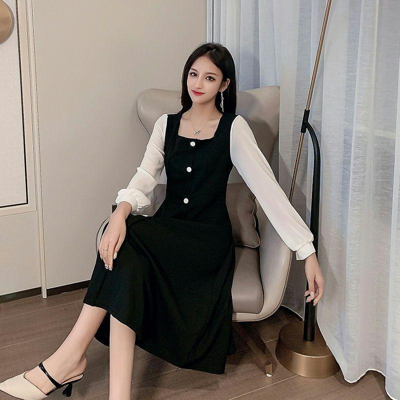 Puff-Sleeve Square Neck Two Tone A-Line Dress Product Image