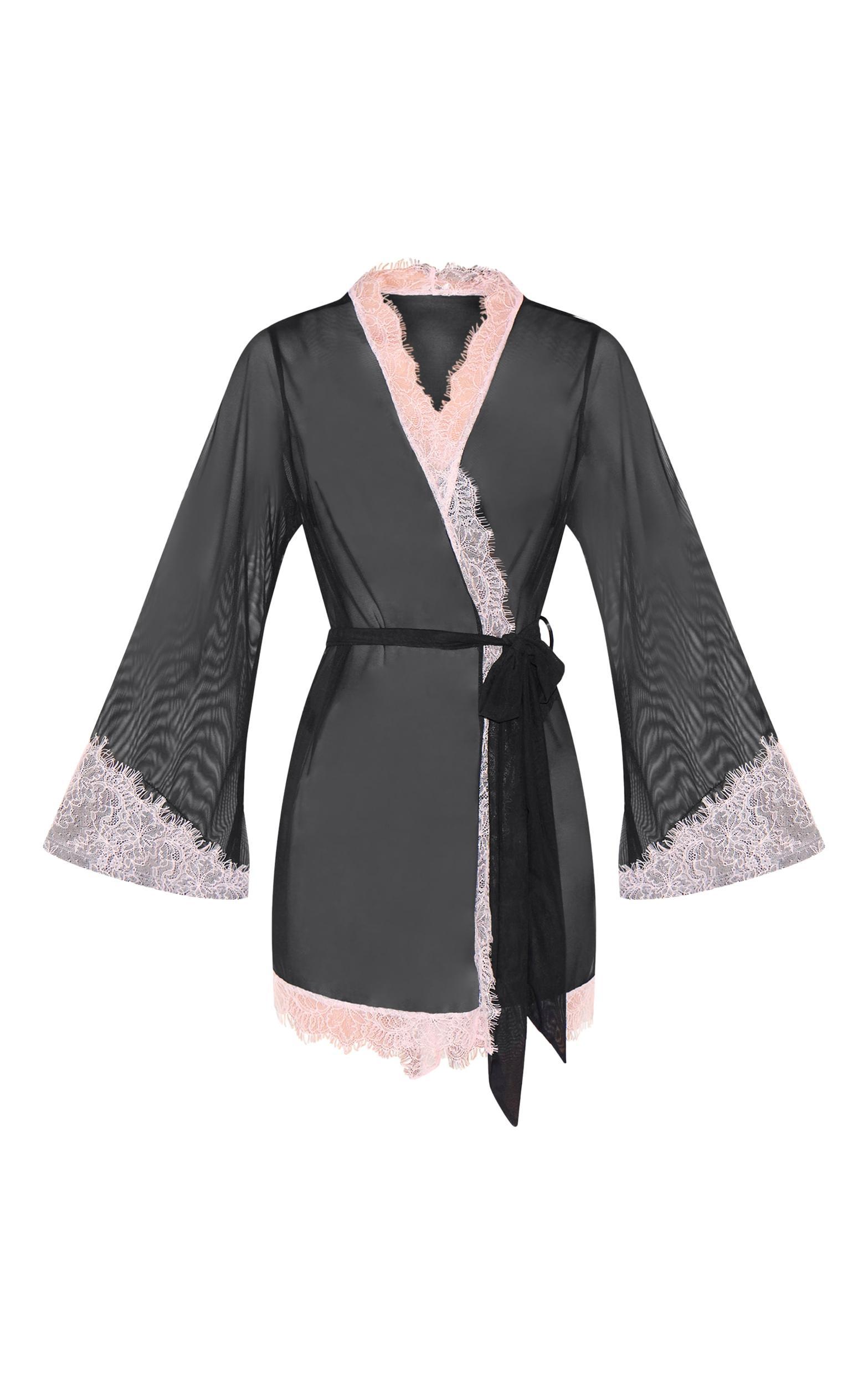 Black Mesh Contrast Eyelash Lace Robe Product Image