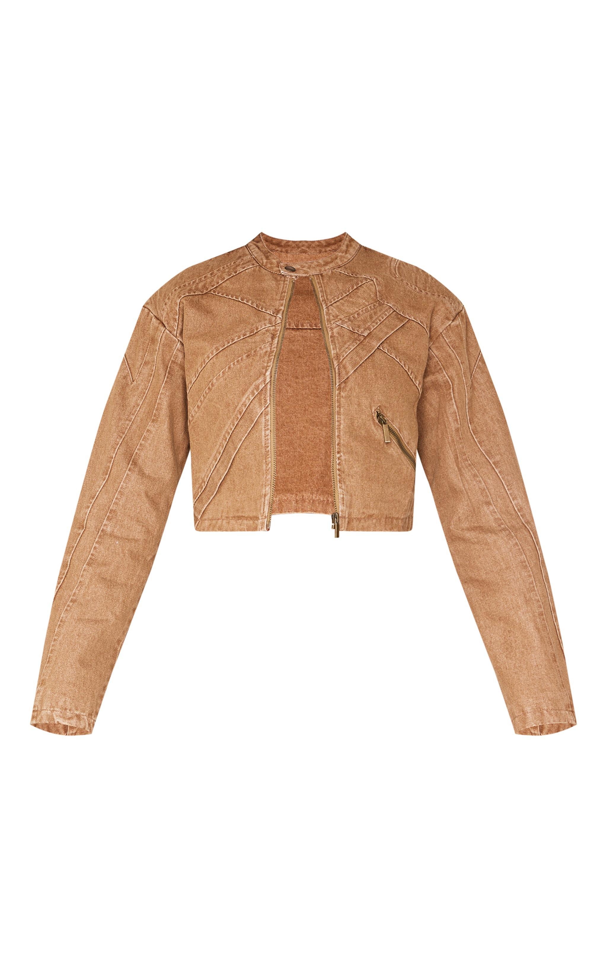 Brown Seam Detail Shoulder Padded Racer Cropped Denim Jacket Product Image