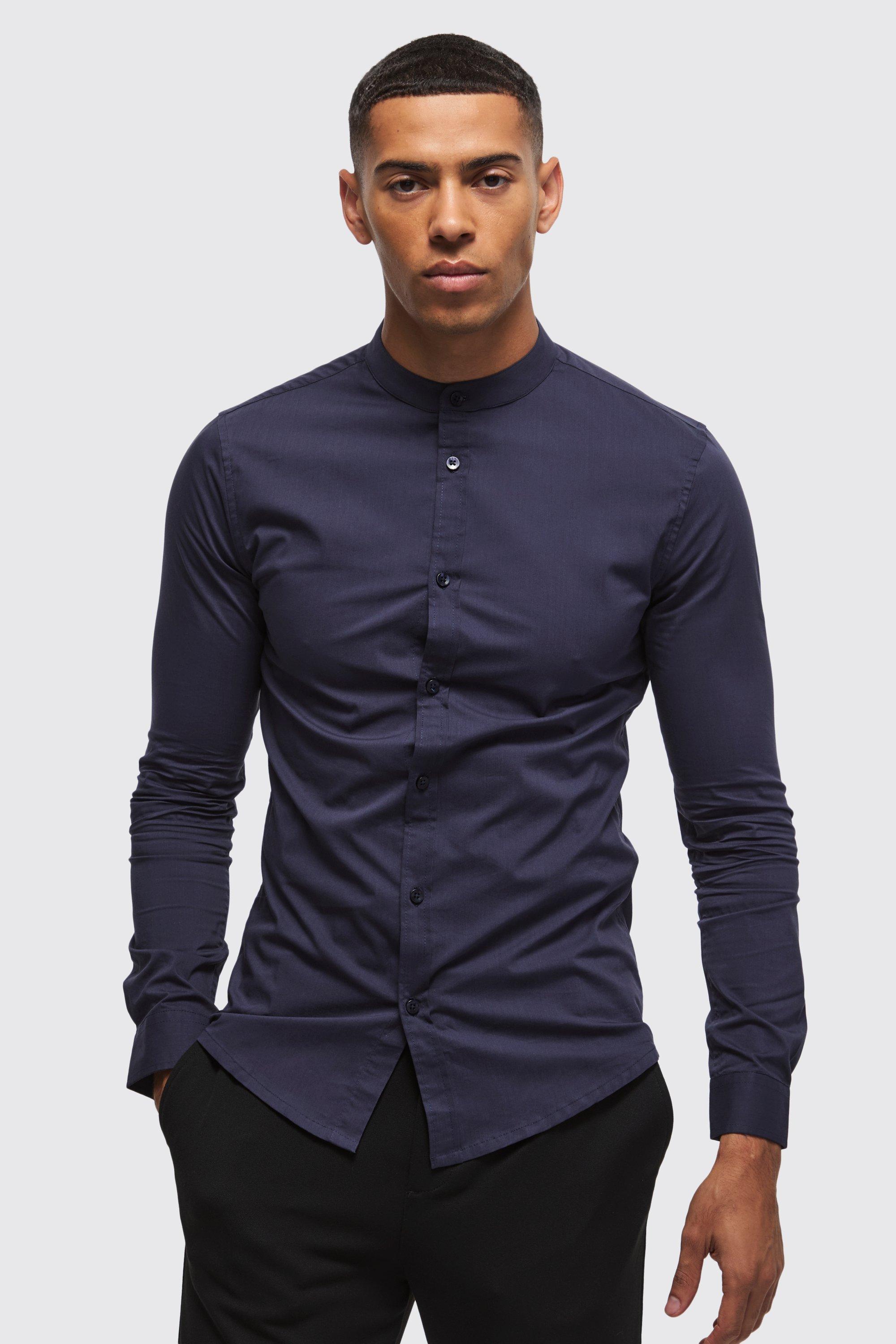 Mens Long Sleeve Grandad Collar Stretch Shirt - Navy Product Image