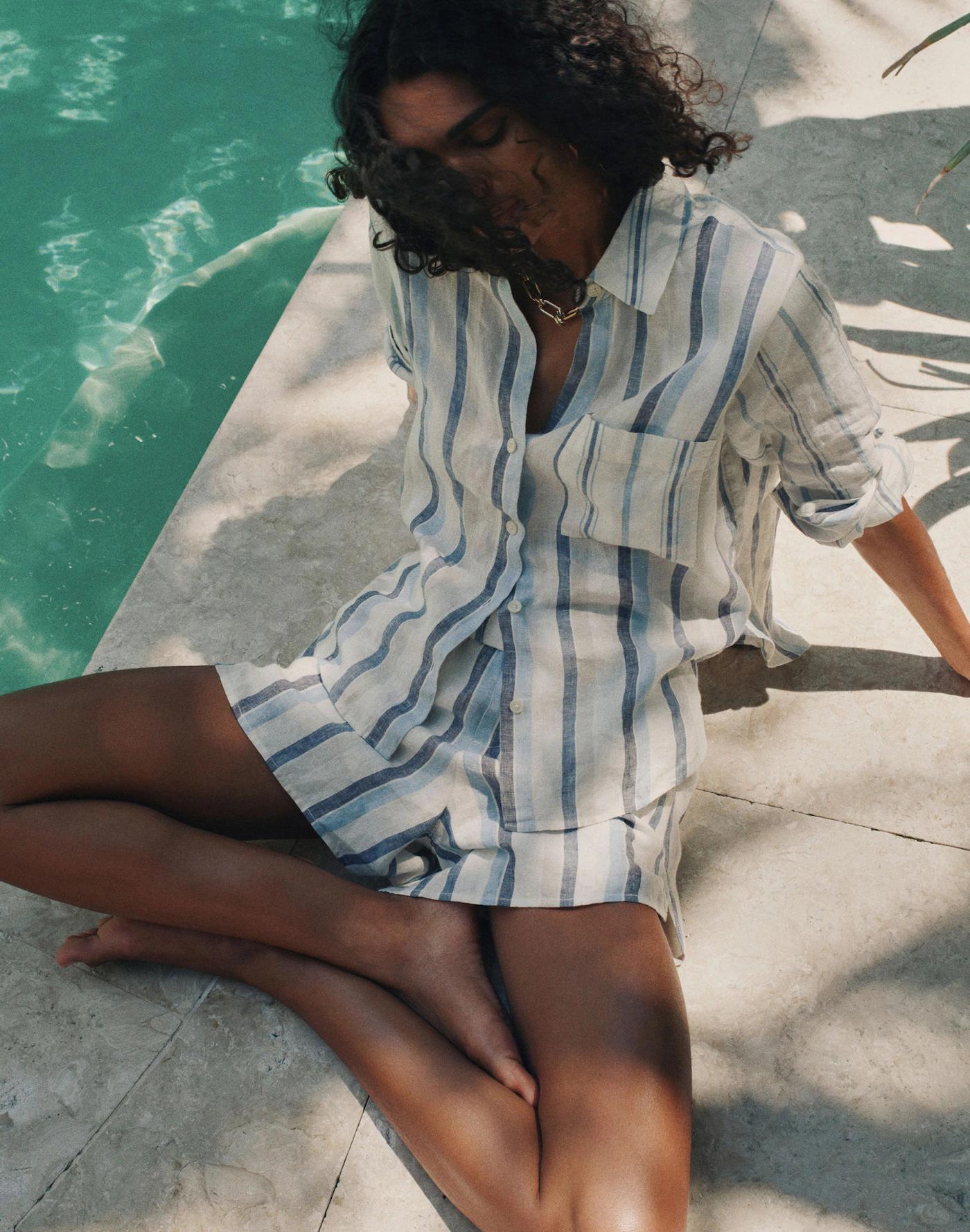 Linen Easy Y-Neck Button-Up Shirt in Mixed Stripe Product Image