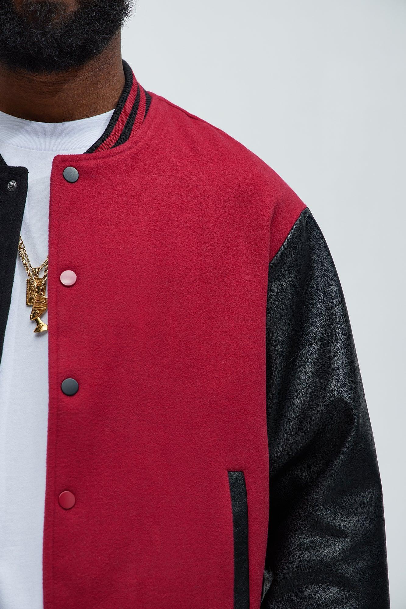 For The Books Faux Leather Sleeves Colorblock Varsity Jacket - Black/Red Product Image