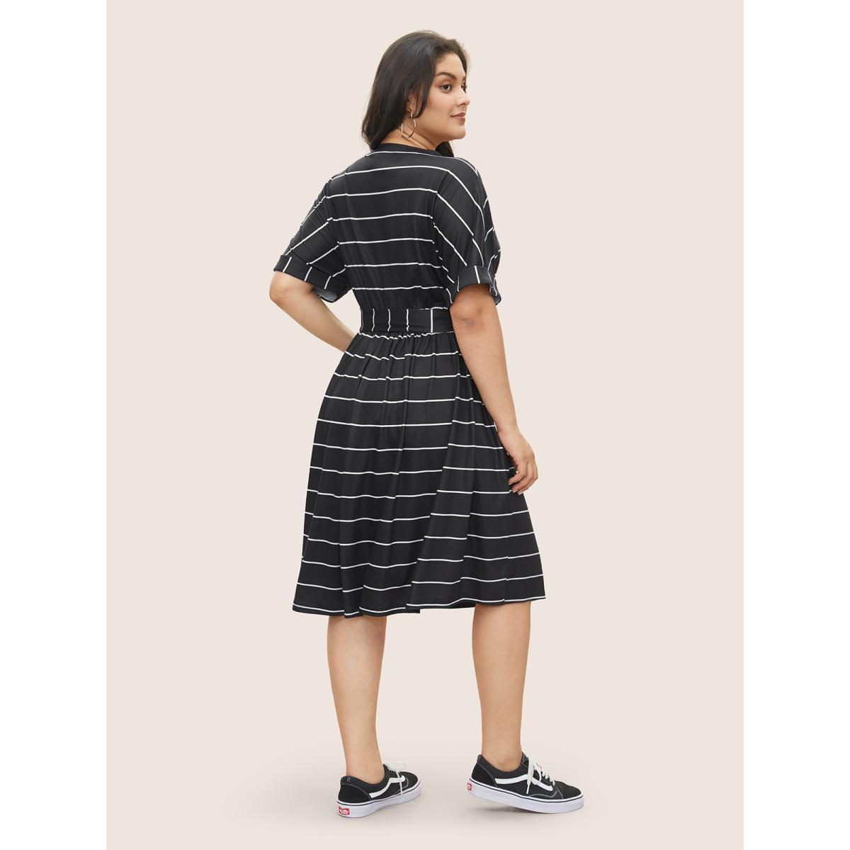 Plus Size Striped Batwing Cuffed Sleeve Belted Dress Black Women Casual Belted V-neck Half Sleeve Curvy Midi Dress BloomChic 10/M Product Image