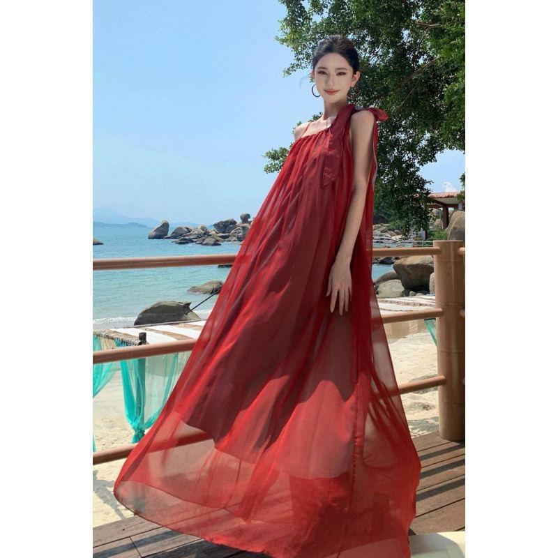 Mock Two-Piece Sleeveless Plain Maxi A-Line Dress Product Image