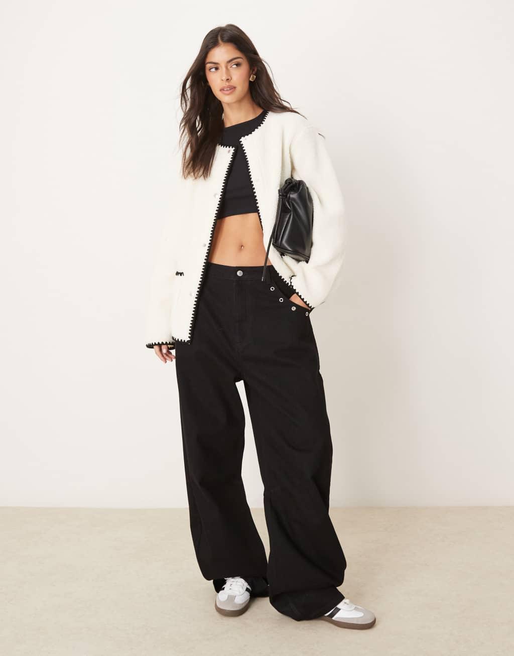 ASOS DESIGN collared borg jacket with blanket stitch detail in cream Product Image