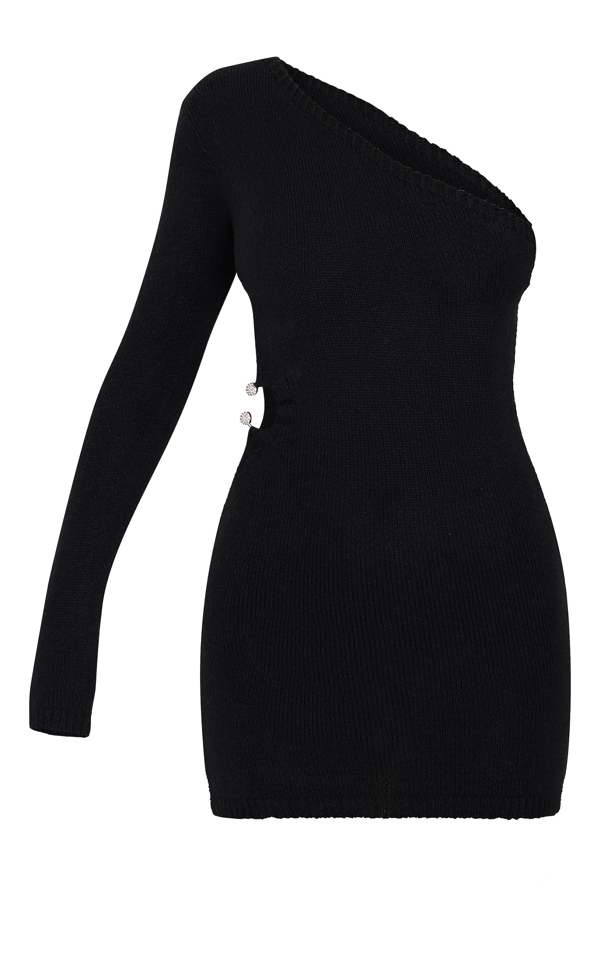 Black Soft Knit Trim Detail Cut Out One Shoulder Mini Dress Product Image