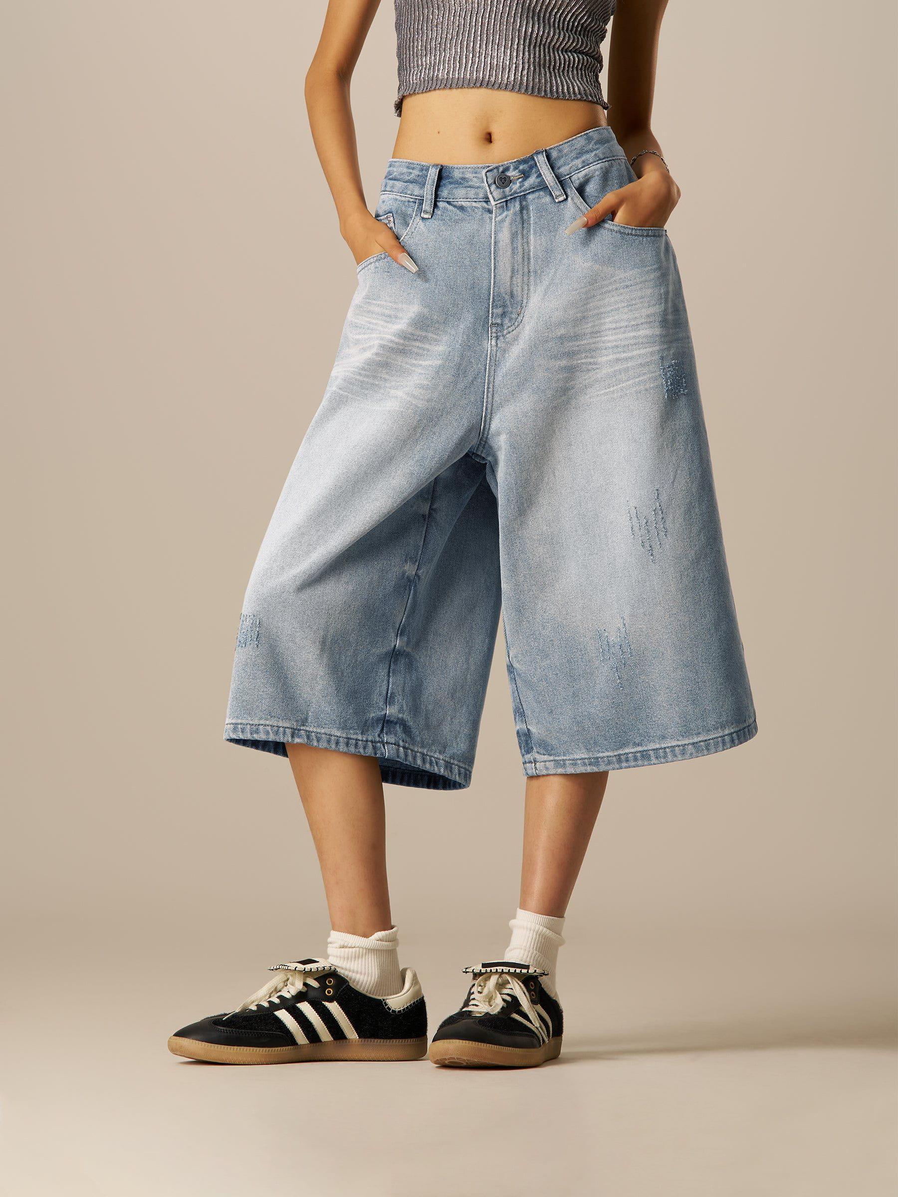 Aelfric Eden Distressed Washed Loose Longline Jorts Product Image