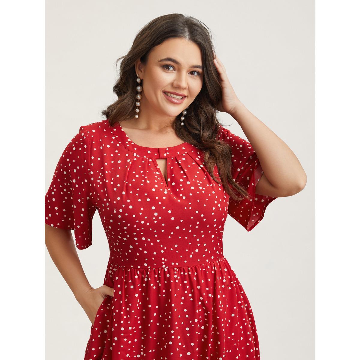 Plus Size Polka Dots Print Cut-Out Flutter Sleeve Midi Dress Scarlet Women Timeless Pleated Round Neck Short sleeve Curvy BloomChic 18-20/2X Product Image