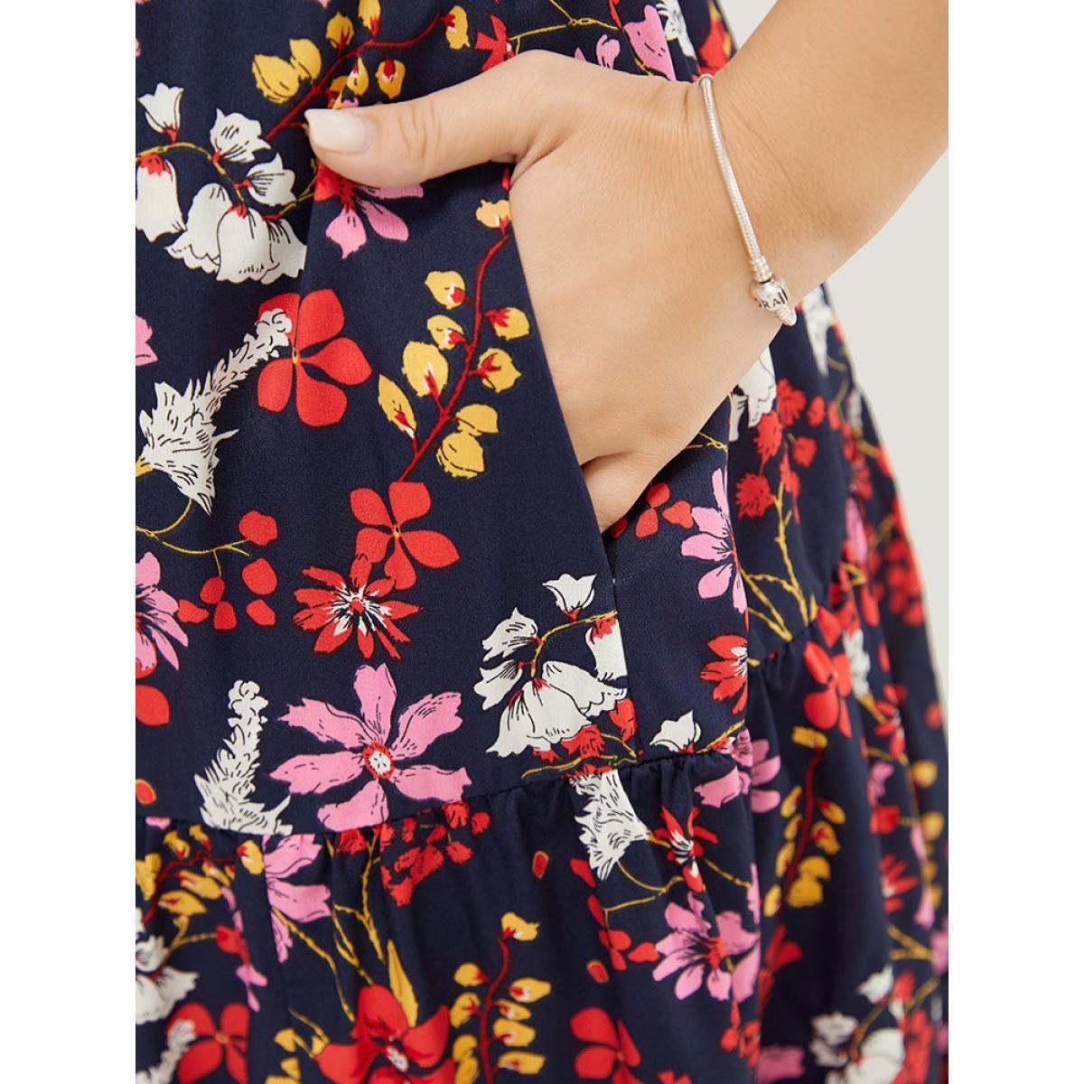 Plus Size Floral Shirred Mock Neck Cut Out Pocket Ruffle Hem Dress DarkBlue Women Elegant Frill Trim Mock Neck Sleeveless Curvy Midi Dress BloomChic 28/5X Product Image