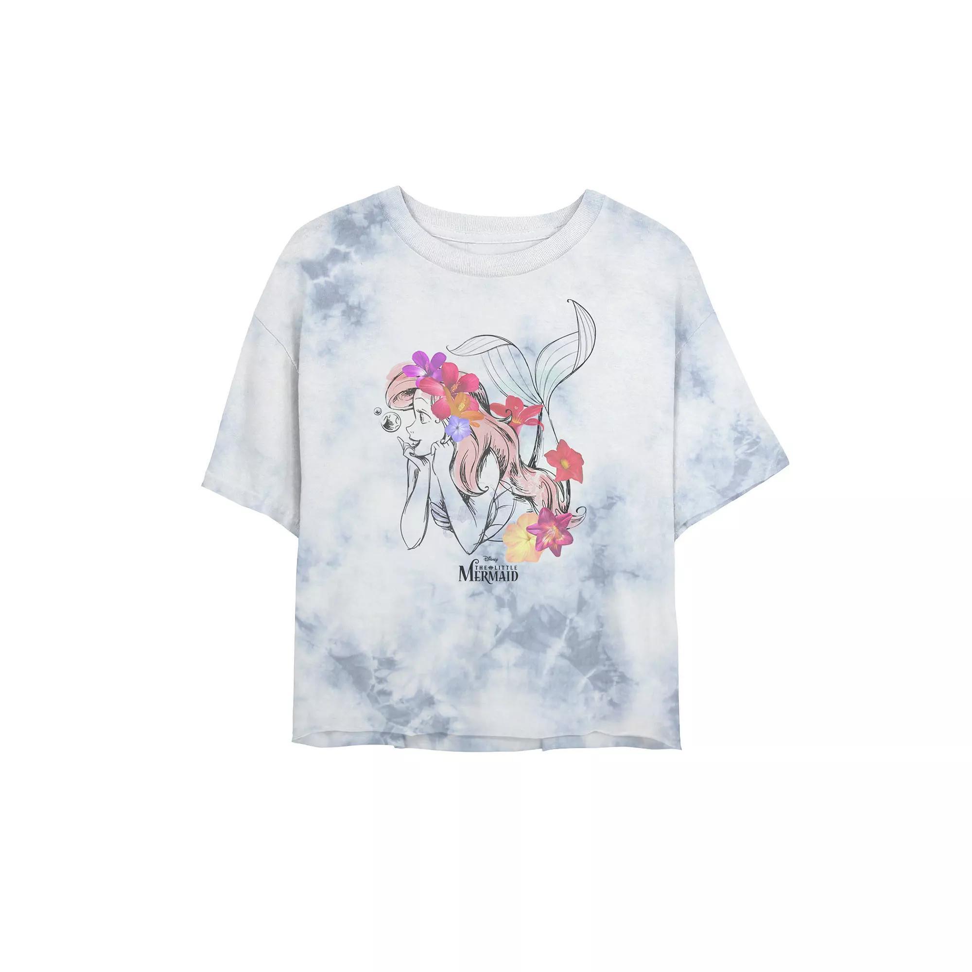 Juniors' Disney Princess The Little Mermaid Ariel Real Flowers With Logo Bombard Wash Crop Graphic Tee, Women's, Size: Small, White Blue Product Image